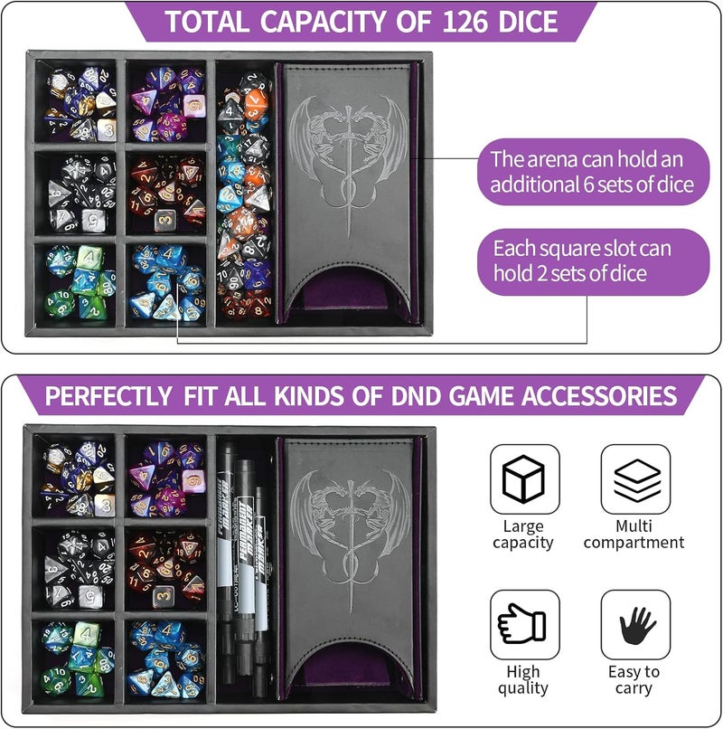 Grajar DND Dice Tray and Dice Tower with Storage, 3 in 1 Dice Rolling Tray with Lid, Portable Dice Box Storage, DND dice Holder for Dungeons and Dragons D&D RPG MTG Table Games - Purple - Image 2